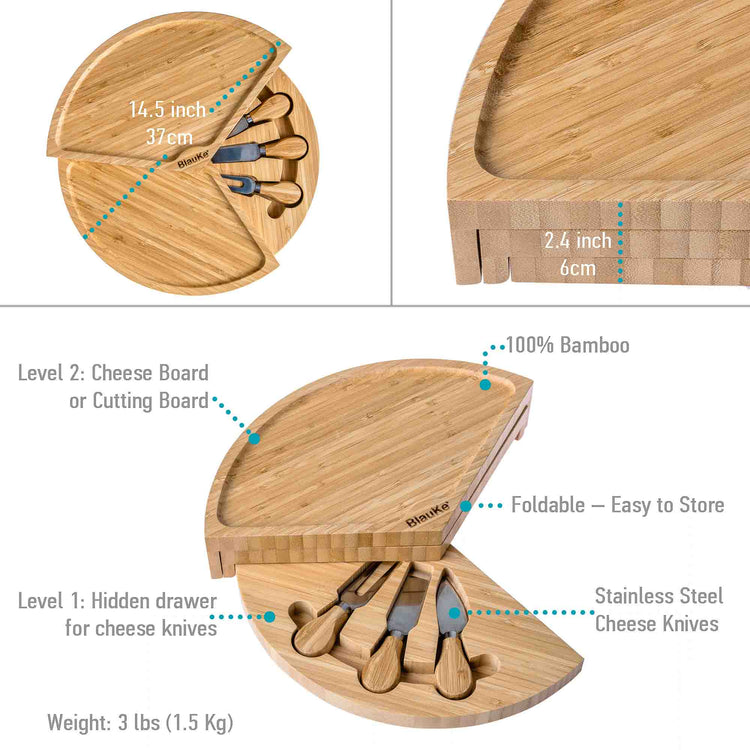 Bamboo Cheese Board and Knife Set - 14 Inch Swiveling Charcuterie Jade Danae