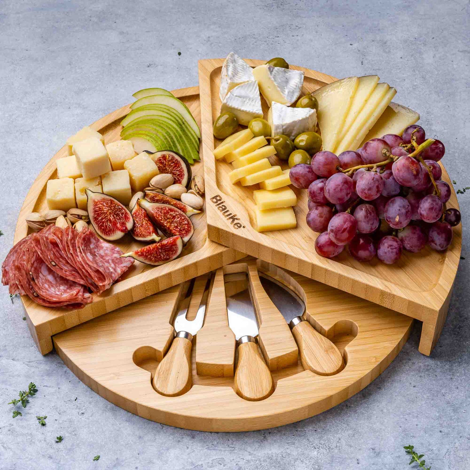 Bamboo Cheese Board and Knife Set - 14 Inch Swiveling Charcuterie Jade Danae