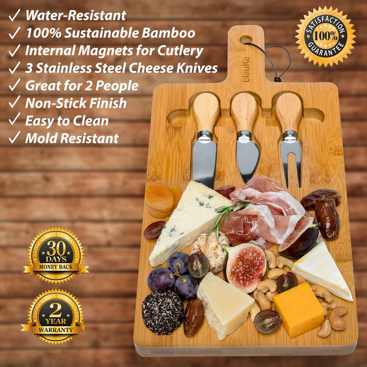 Bamboo Cheese Board and Knife Set - 12x8 inch Charcuterie Board with Jade Danae