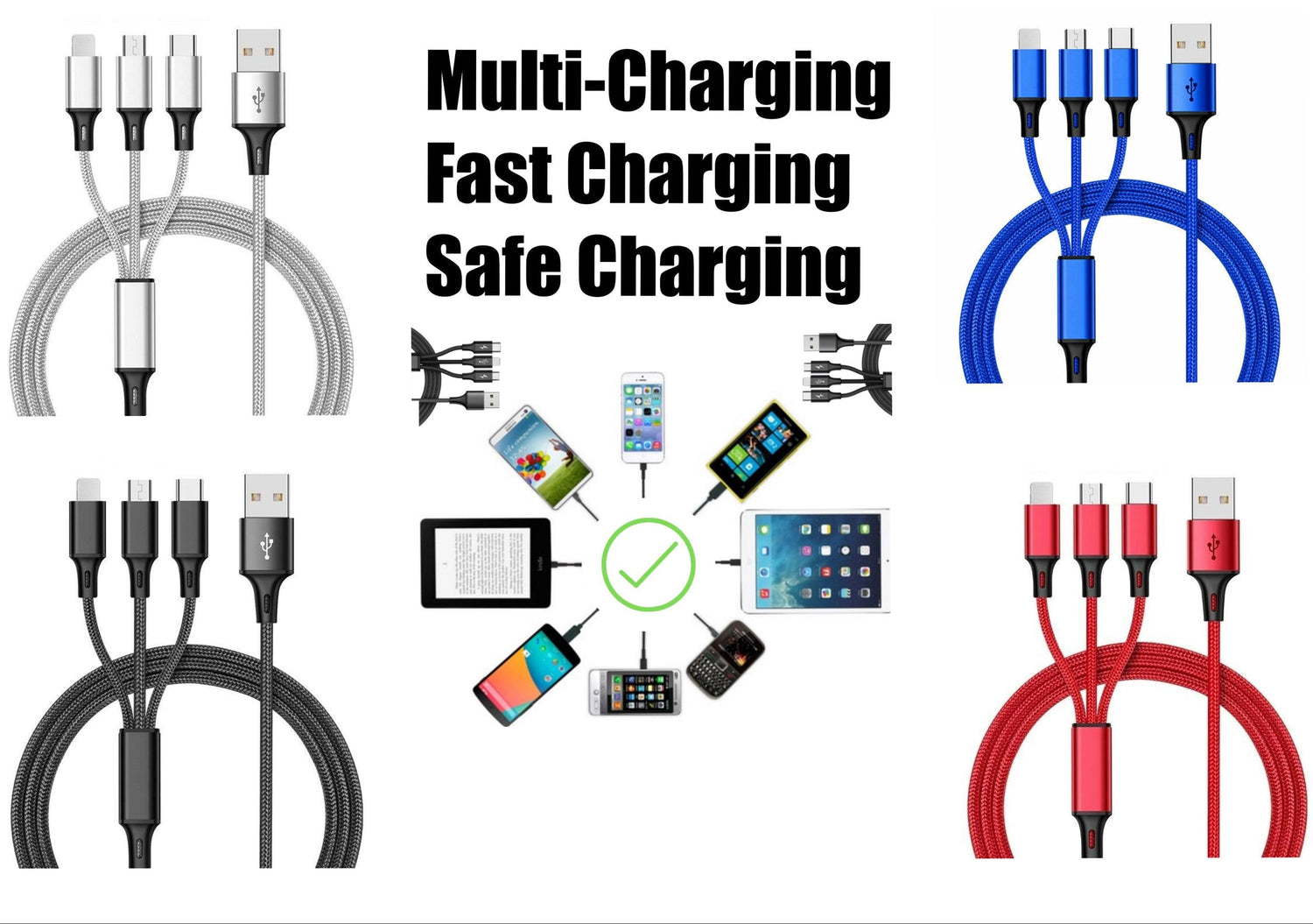 3-in-1 Nylon Braided 4FT 3A Charging Cable (8Pin, Type-C, Micro USB) Fuchsia Electra