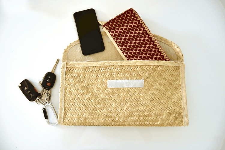 Hand woven Clutch Bag With Embroidery Triangles with Blue Trim. – Women&