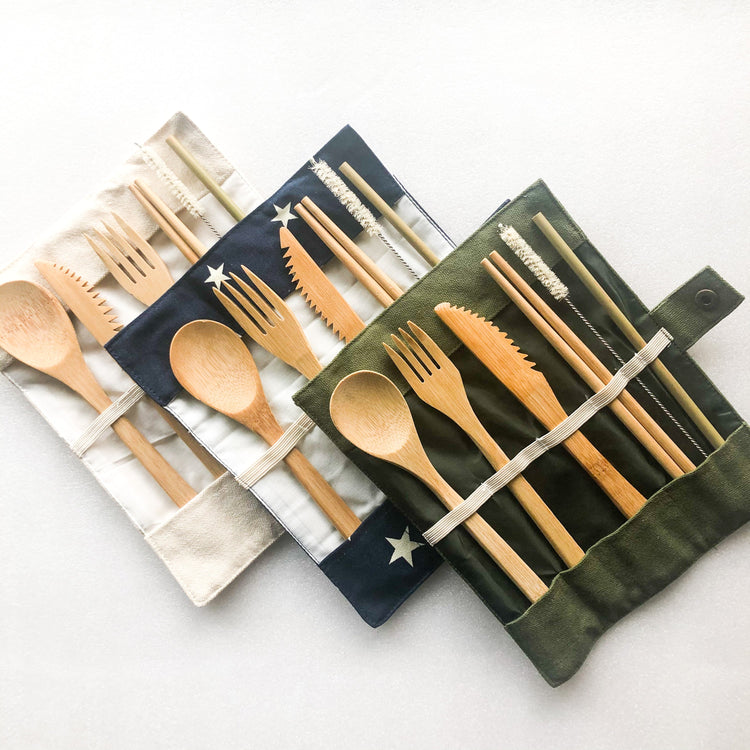 Bamboo Cutlery Set | Zero Waste Reusable | Washable Organic Cotton Ruby Caeneus