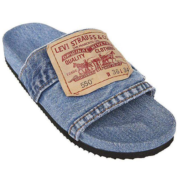 Sandales plates femme bleues/noires en denim à bout rond, style idées de mode