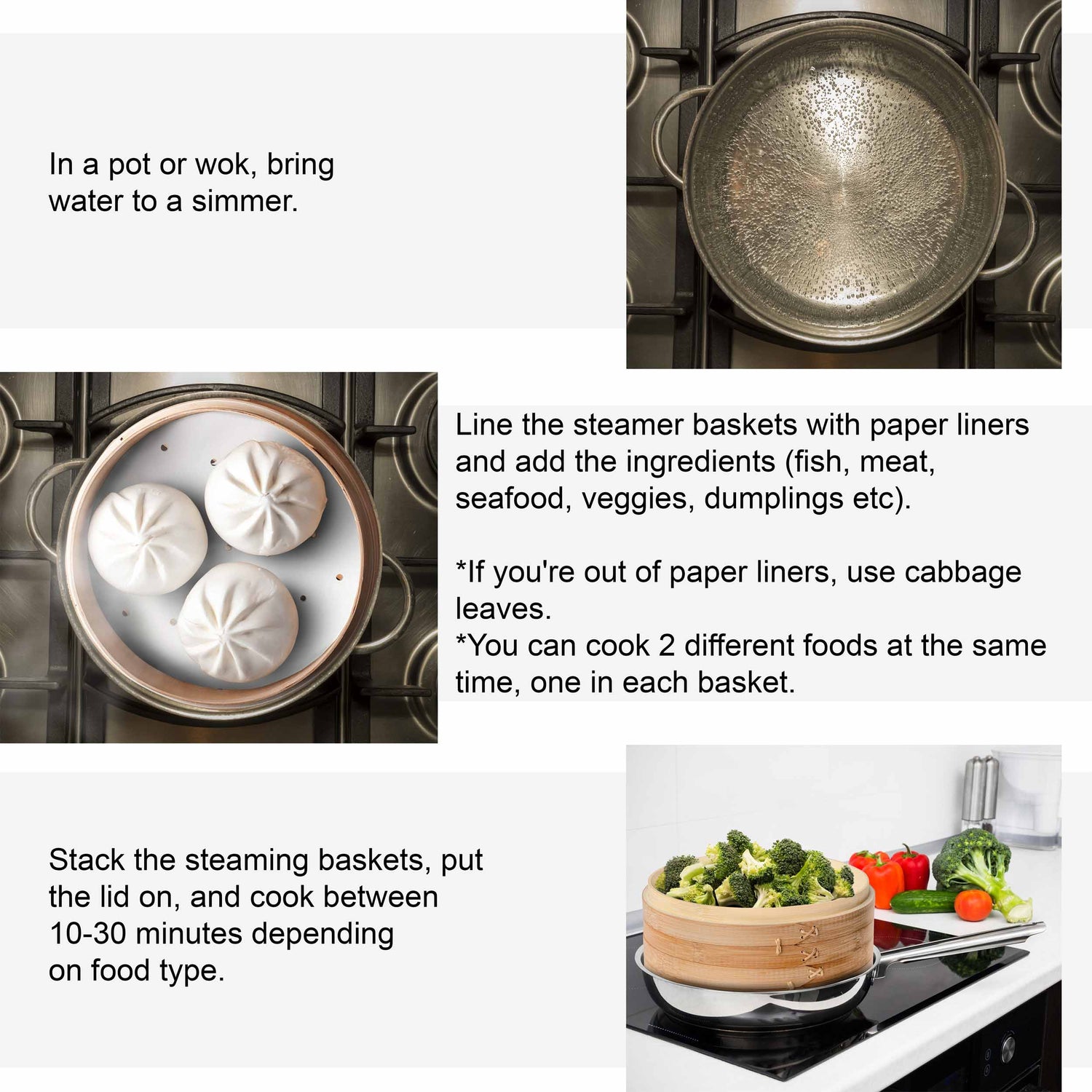 2-Tier Bamboo Steamer for Cooking Dumplings, Vegetables, Meat, Fish, Jade Danae