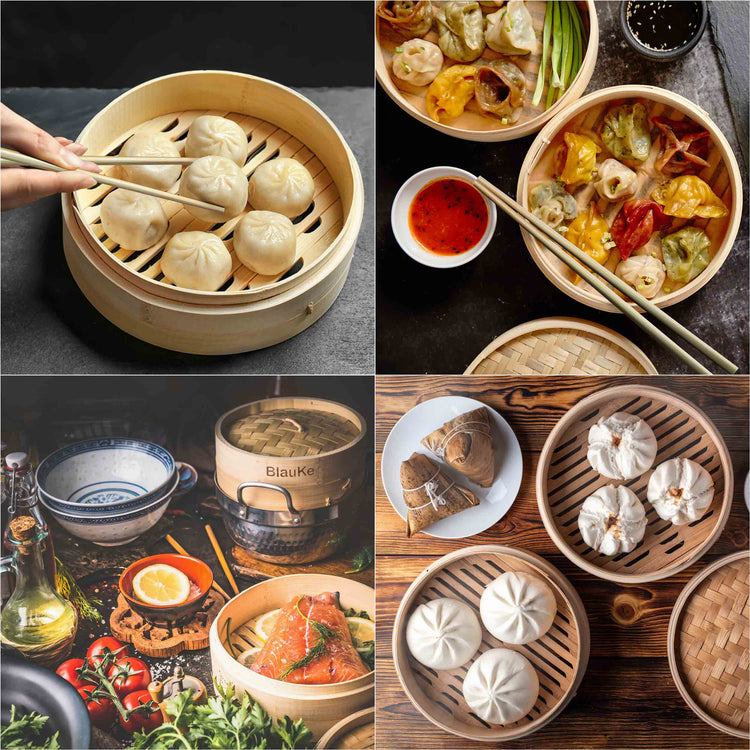 2-Tier Bamboo Steamer for Cooking Dumplings, Vegetables, Meat, Fish, Jade Danae