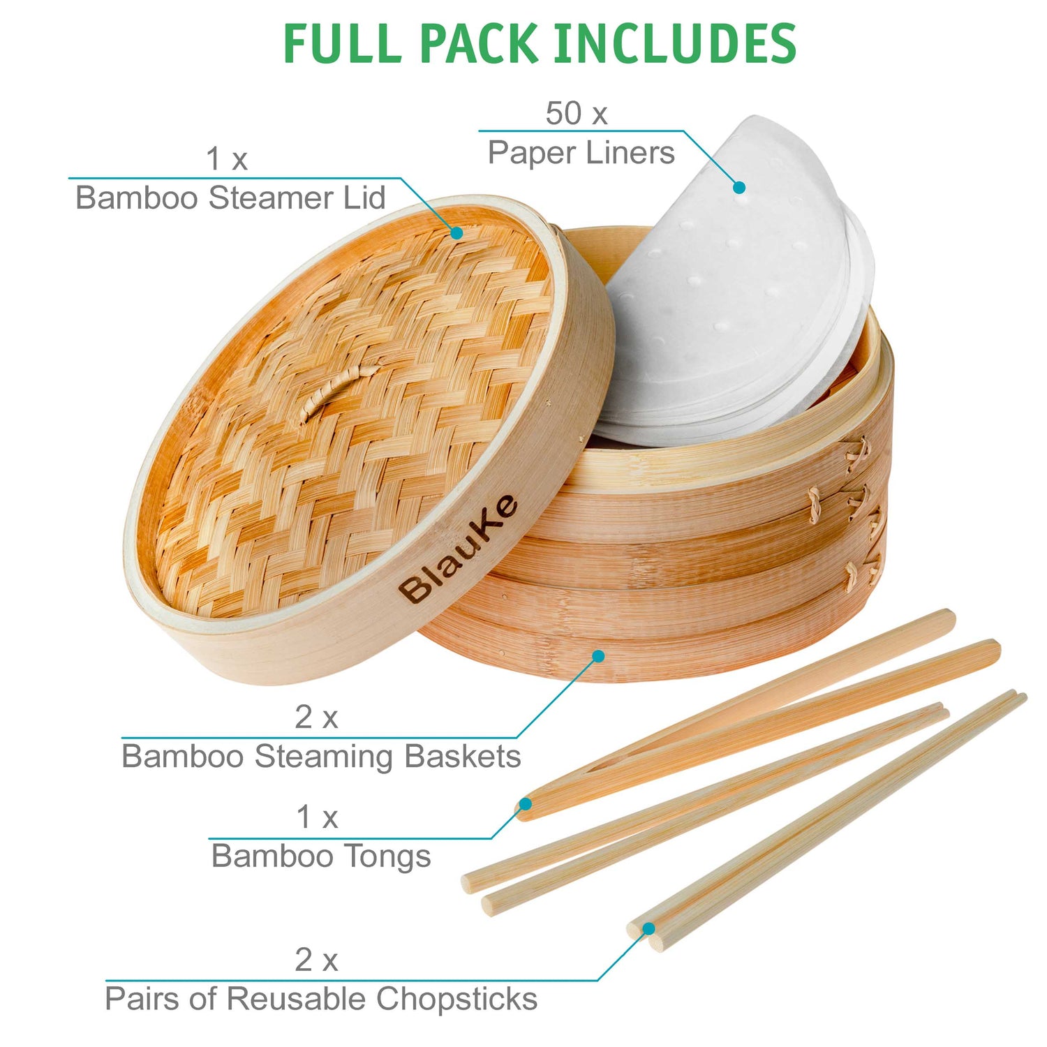 2-Tier Bamboo Steamer for Cooking Dumplings, Vegetables, Meat, Fish, Jade Danae