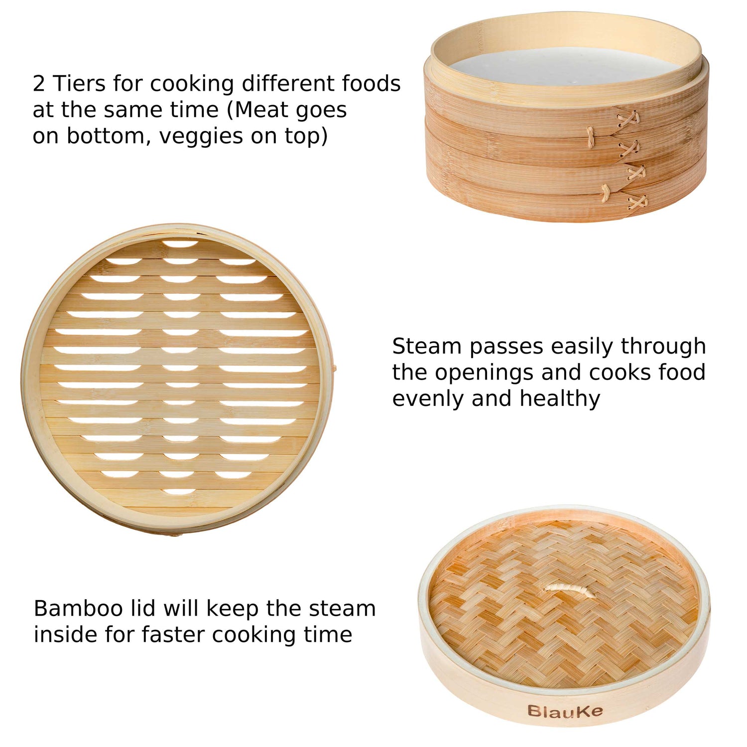 2-Tier Bamboo Steamer for Cooking Dumplings, Vegetables, Meat, Fish, Jade Danae