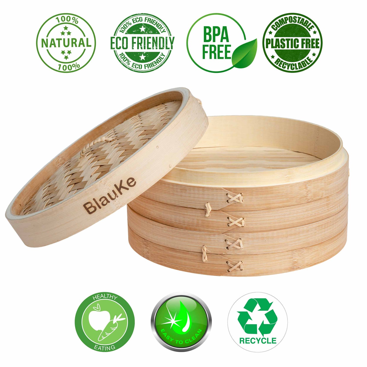 2-Tier Bamboo Steamer for Cooking Dumplings, Vegetables, Meat, Fish, Jade Danae