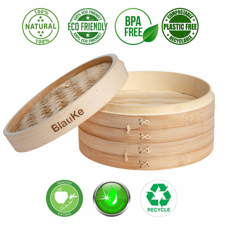 2-Tier Bamboo Steamer for Cooking Dumplings, Vegetables, Meat, Fish, Jade Danae