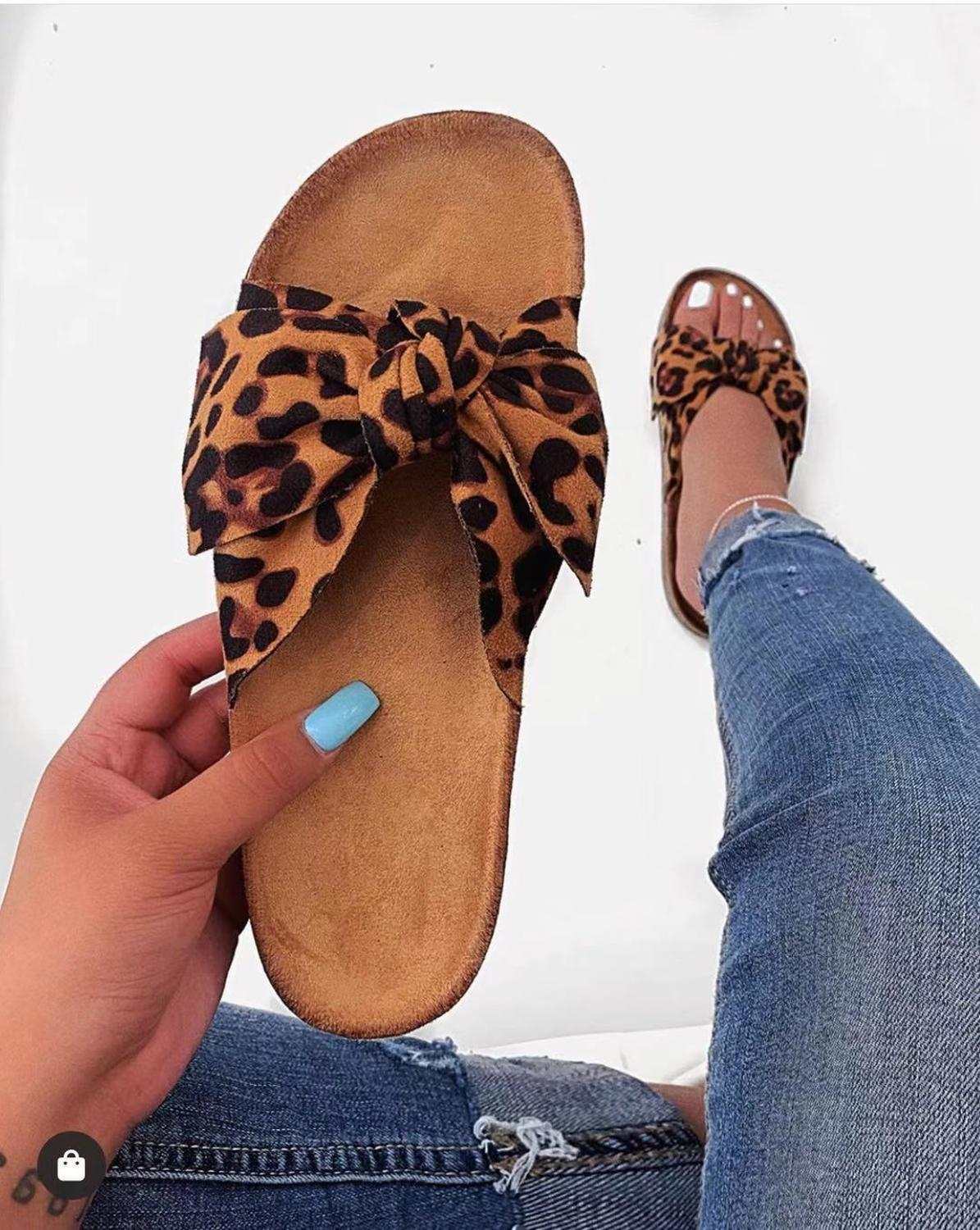 Women Slides 1 Straps Comfy Bow Slide Sandals Leopard Silver Juneberry