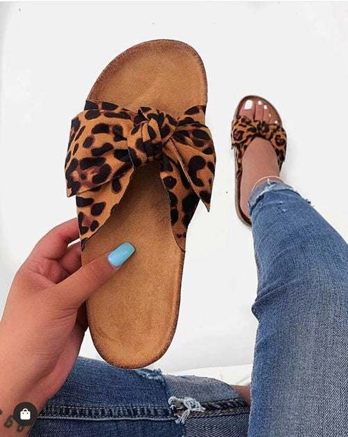 Women Slides 1 Straps Comfy Bow Slide Sandals Leopard Silver Juneberry