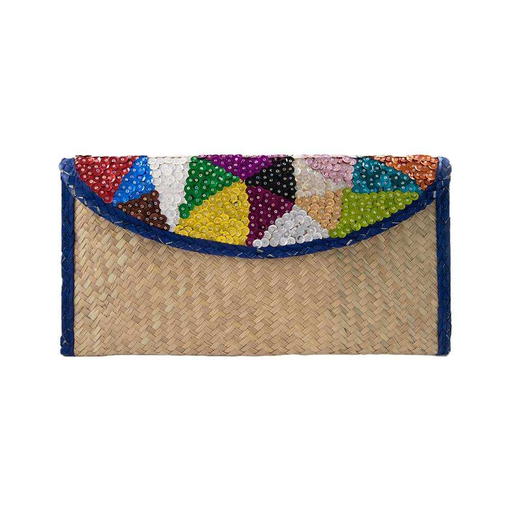 Hand woven Clutch Bag With Embroidery Triangles with Blue Trim. – Women&
