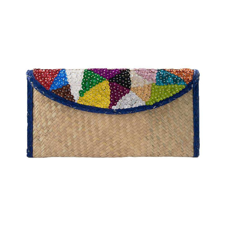Hand woven Clutch Bag With Embroidery Triangles with Blue Trim. – Women&
