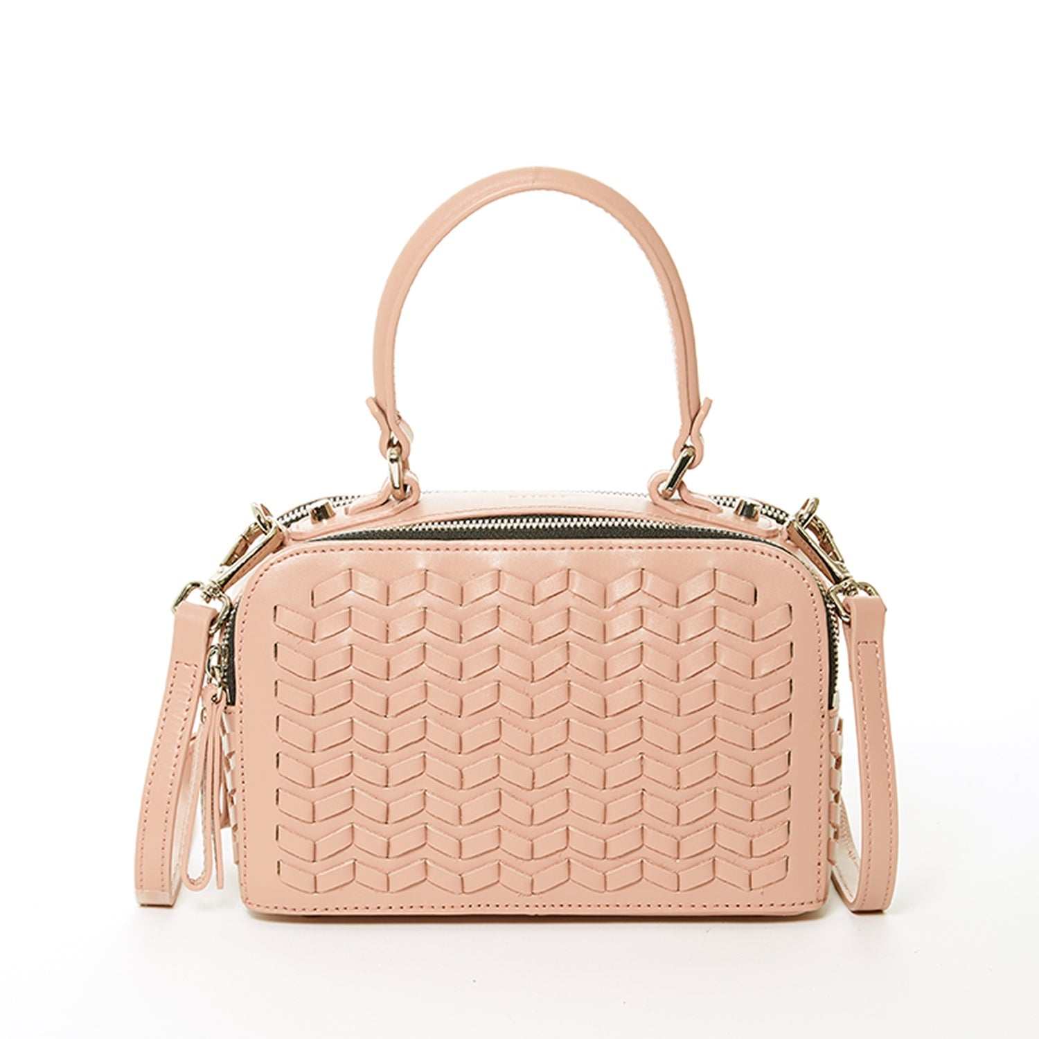 Sac à main en cuir rose tressé avec bandoulière ajustable et fermetures éclair argentées