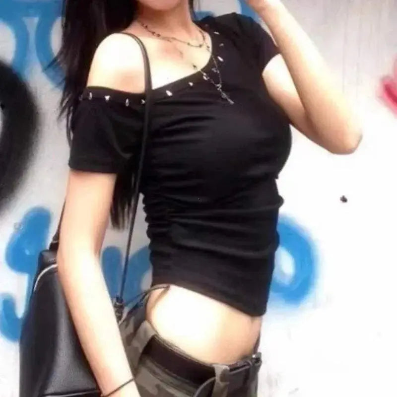 Black Shoulder Slanting Short Sleeves T-Shirts Women&