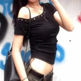 Black Shoulder Slanting Short Sleeves T-Shirts Women&