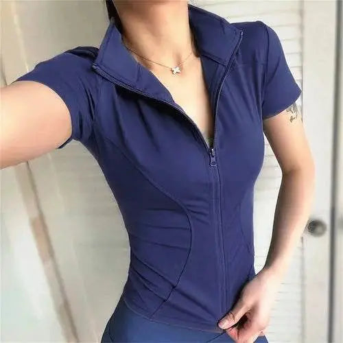 Casual Slim Sports Coat For Women Short Sleeve Solid Zipper Tops AliExpress