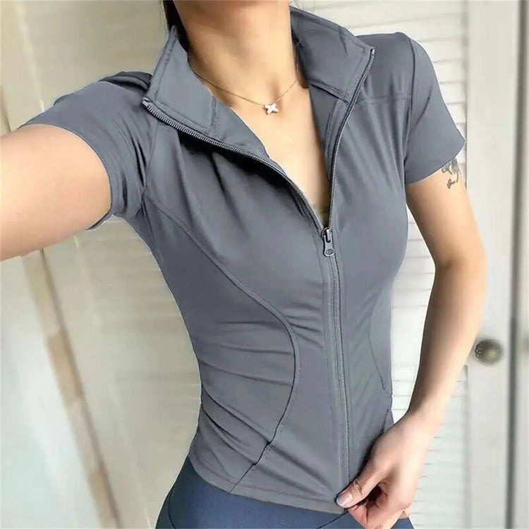 Casual Slim Sports Coat For Women Short Sleeve Solid Zipper Tops AliExpress