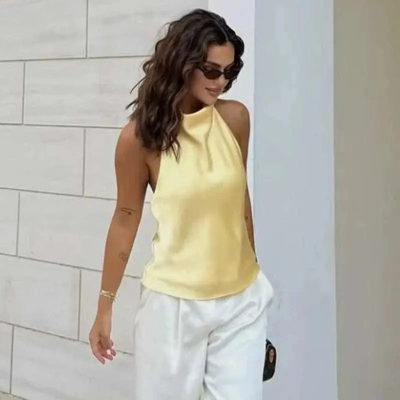 HXAO Top Women Halter Satin Women Tops Backless Corset Top Vest Yellow AliExpress