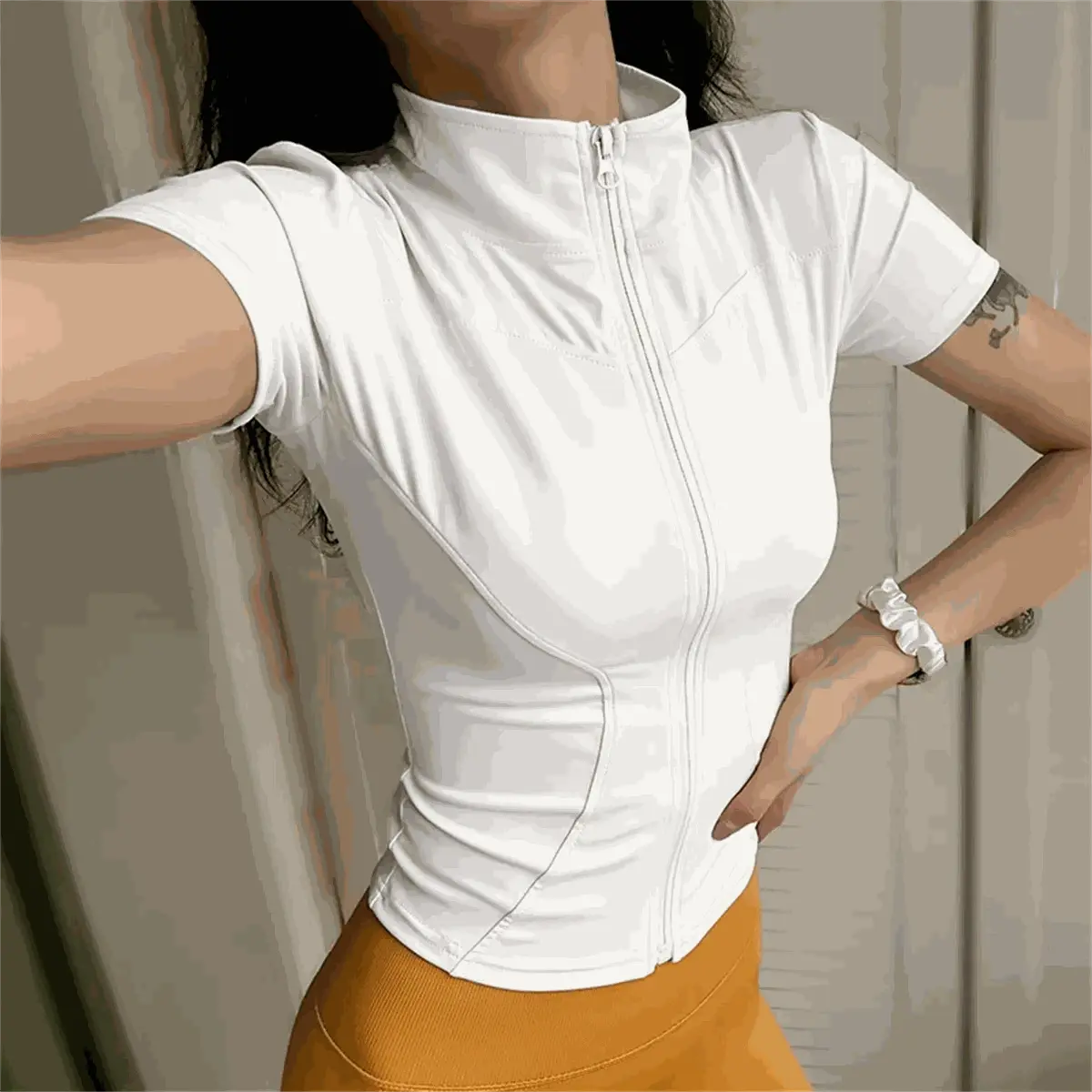 Casual Slim Sports Coat For Women Short Sleeve Solid Zipper Tops AliExpress