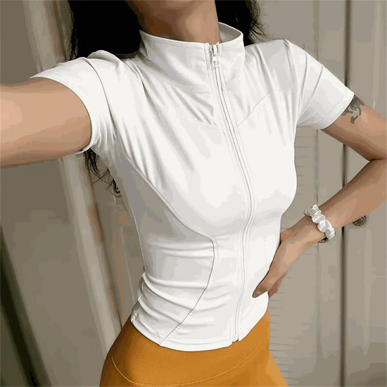 Casual Slim Sports Coat For Women Short Sleeve Solid Zipper Tops AliExpress