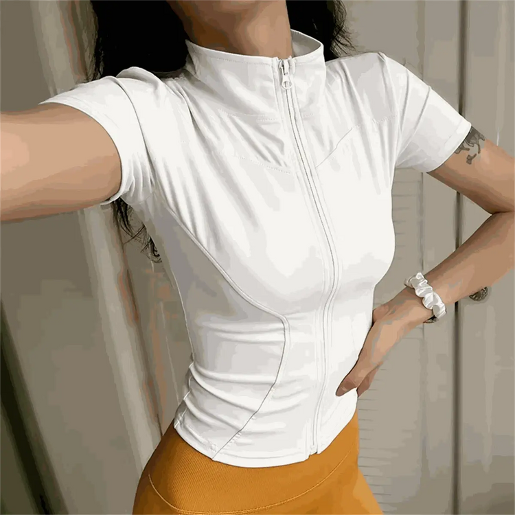 Casual Slim Sports Coat For Women Short Sleeve Solid Zipper Tops AliExpress