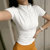 Casual Slim Sports Coat For Women Short Sleeve Solid Zipper Tops AliExpress