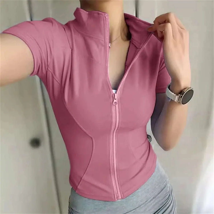 Casual Slim Sports Coat For Women Short Sleeve Solid Zipper Tops AliExpress