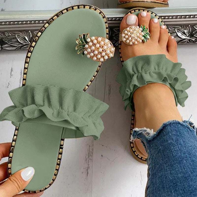 Pineapple Pearl Womens Slippers Flat Toe Casual Beach Slides Silver Juneberry