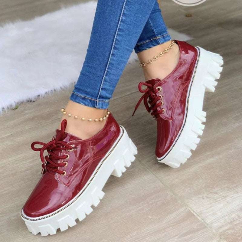 Thick Heel Increased Flat Platform Oxford Women Shoes Black/Red/Pink – Women&