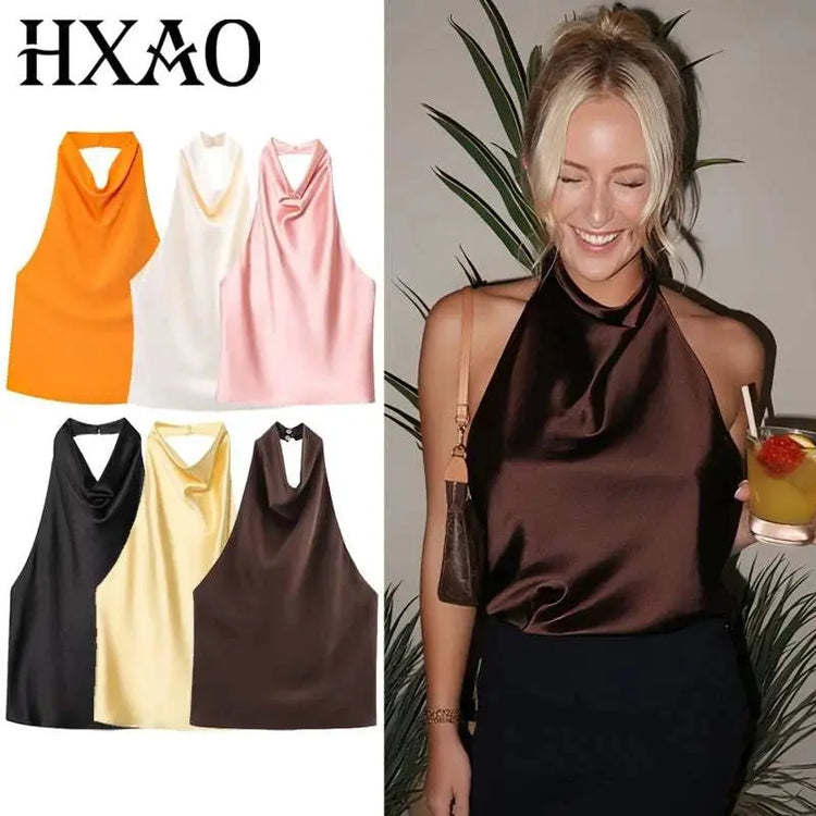 HXAO Top Women Halter Satin Women Tops Backless Corset Top Vest Yellow AliExpress