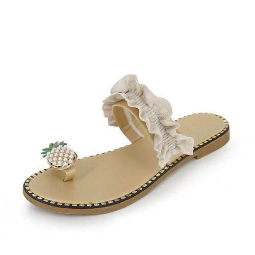 Pineapple Pearl Womens Slippers Flat Toe Casual Beach Slides Silver Juneberry