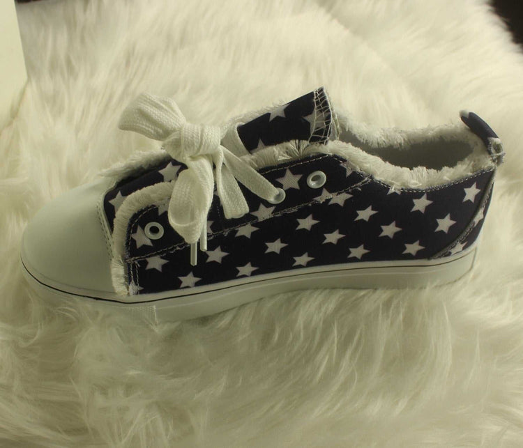 Star Striped Lace Up Sneakers Round Toe Casual Shoes Silver Juneberry