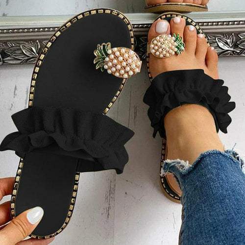 Pineapple Pearl Womens Slippers Flat Toe Casual Beach Slides Silver Juneberry