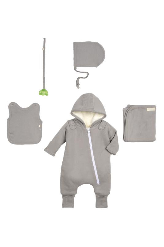 Smart Cuddly Jumpsuit + Bib - Gray Fuchsia Milo