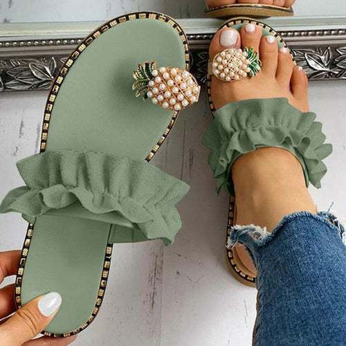 Pineapple Pearl Womens Slippers Flat Toe Casual Beach Slides Silver Juneberry
