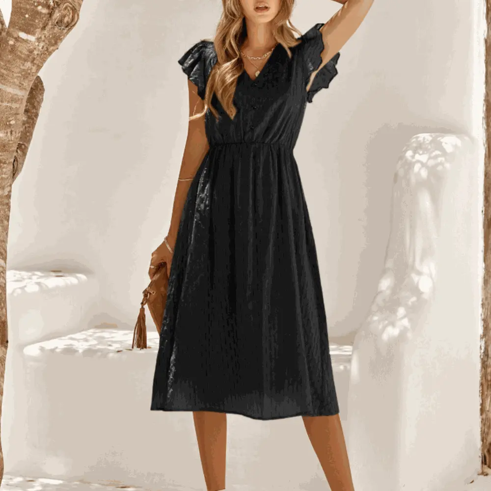 Womens V Neck Ruffle Sleeve Summer Dress Yellow Pandora