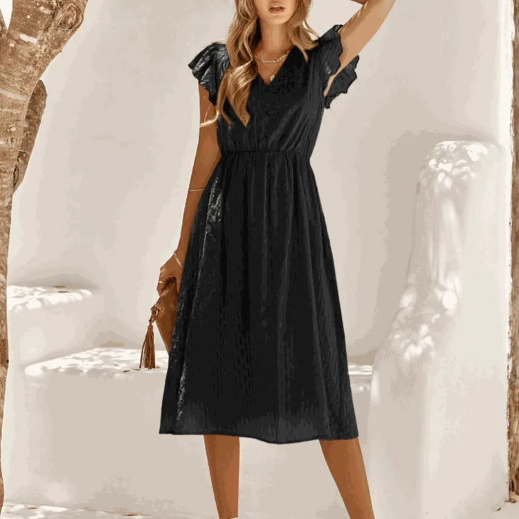 Womens V Neck Ruffle Sleeve Summer Dress Yellow Pandora