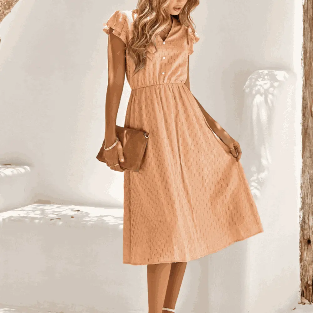 Womens V Neck Ruffle Sleeve Summer Dress Yellow Pandora