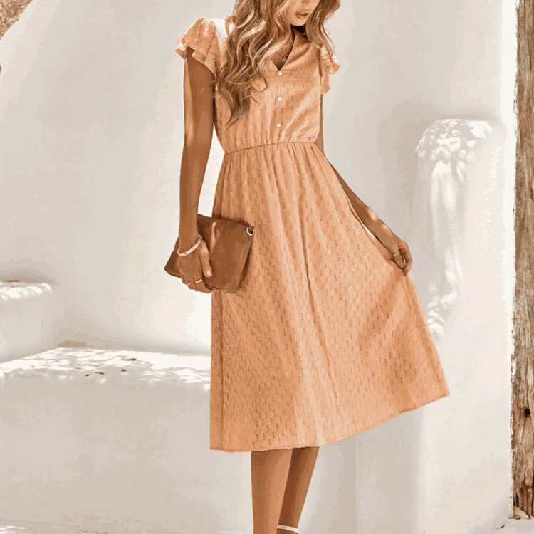 Womens V Neck Ruffle Sleeve Summer Dress Yellow Pandora