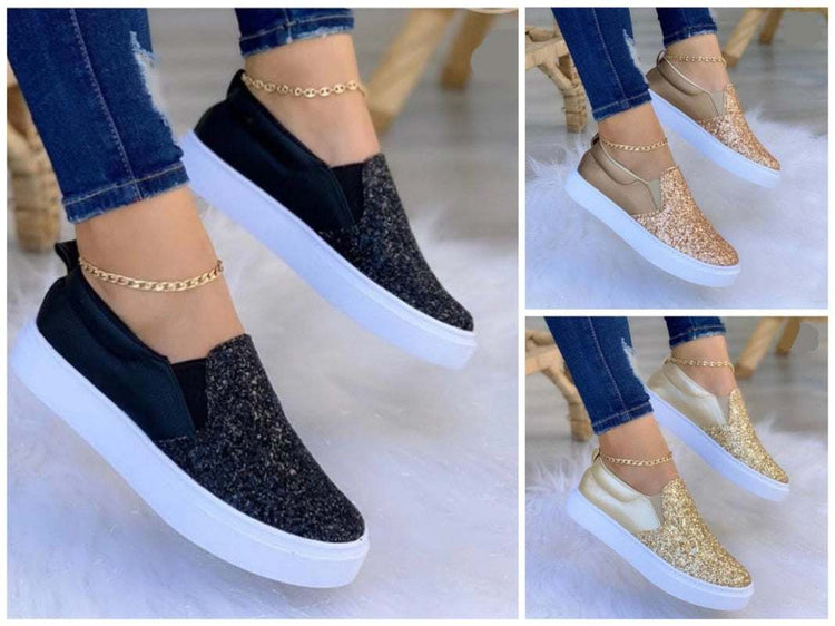 Moccasins Glitter Flat Female Loafers Shoes Rose Gold/Black/Gold Silver Juneberry