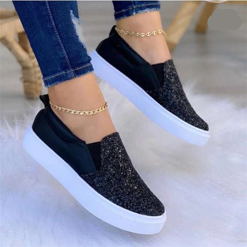 Mocassins glitter plats pour femme en noir, or rose et or avec tableau des tailles détaillé