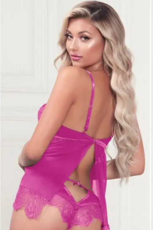 "SWEET TEMPTATION" Fuchsia Pink Lace Babydoll Lingerie Sleepwear Pink Hyperion
