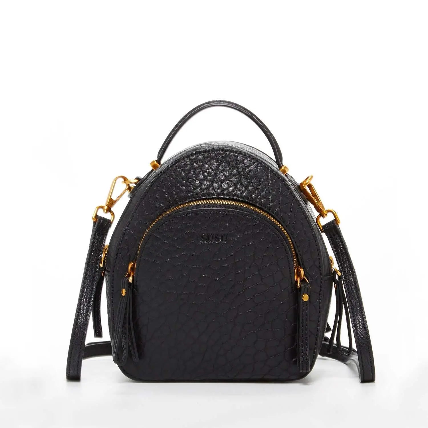 Petit sac à dos en cuir noir élégant pour femme avec poches multiples et bandoulière convertible crossbody