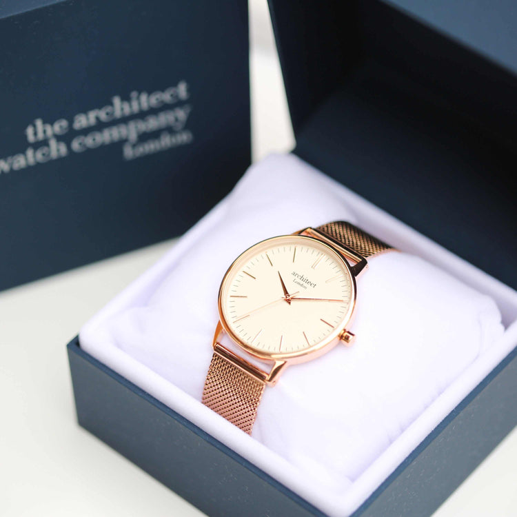 Ladies Architēct Blanc - Handwriting Engraving + Rose Gold Mesh Strap Fuchsia Prometheus