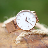 Ladies Architēct Blanc - Handwriting Engraving + Rose Gold Mesh Strap Fuchsia Prometheus