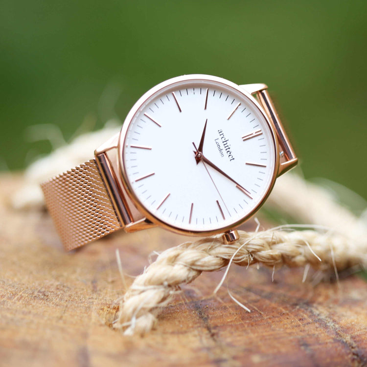 Ladies Architēct Blanc - Handwriting Engraving + Rose Gold Mesh Strap Fuchsia Prometheus