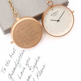 Modern Pocket Watch Rose Gold - Handwriting Engraving Fuchsia Prometheus