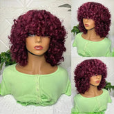 180% Density Rose Curly Short Bob Wig with Bangs Human Hair Brazilian Cerise Alfie