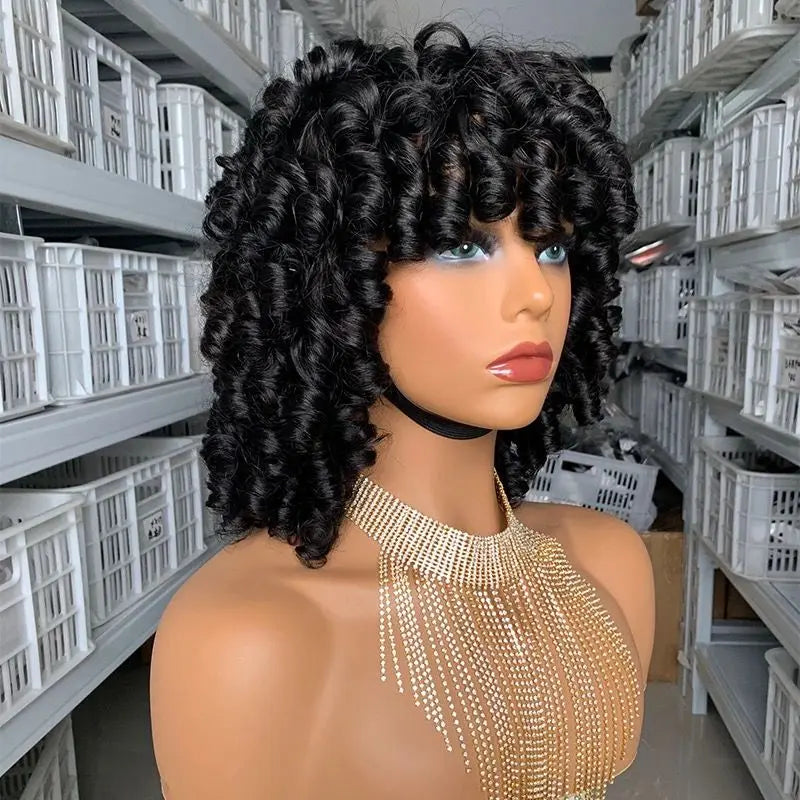 180% Density Rose Curly Short Bob Wig with Bangs Human Hair Brazilian Cerise Alfie